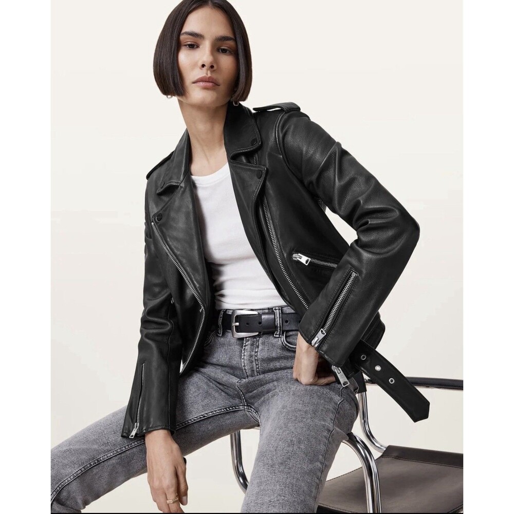 AllSaints Women’s Balfern Biker Black Moto Leather Jacket Zipper Belt UK 6 US 2